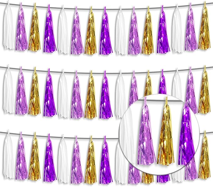 3P Metallic Fringe Tassel Banner Garland Foil Tinsel Streamer Wall Hanging Curtain Backdrop Banner for Parade Floats, Graduation, Carnival Mardi Gras Party Decorations(Gold Purple)