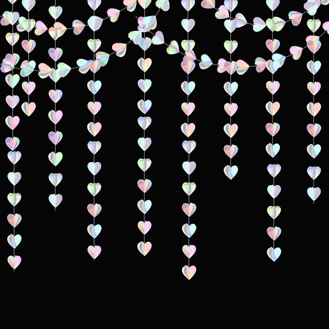 Iridescent Disco-Holographic Party-Decorations Heart-Garland - 39Ft Neon Wedding Hanging Paper Streamers Banner,Birthday Bachelorette Baby Bridal Shower Engagement Decor Ouruola