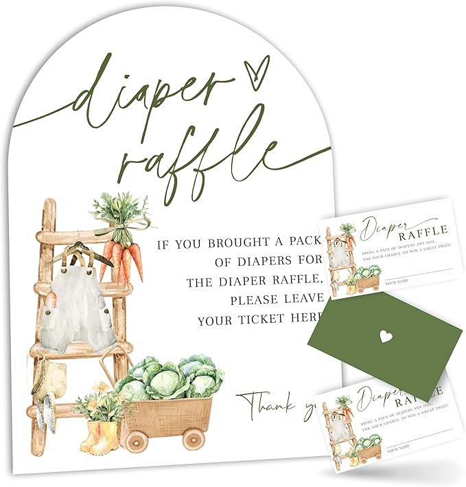 Farmhouse Arch Diaper Raffle Sign with Stand - 7x10 Inch Gender Neutral Baby Shower Game Kit with 50 Tickets, Baby Clothes Carrot Cabbage Print, Rustic Gender Reveal Decor (B05)
