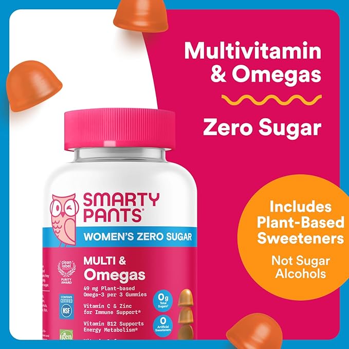 SmartyPants Zero Sugar Women’s Multivitamin Gummies: Biotin, Methylfolate, Omega 3 (ALA), Vitamin D3, C, Vitamin B12, B6, A, K, Zinc, Inositol, Gluten Free, No Sugar Alcohols, 90 Count (30 Day Supply)