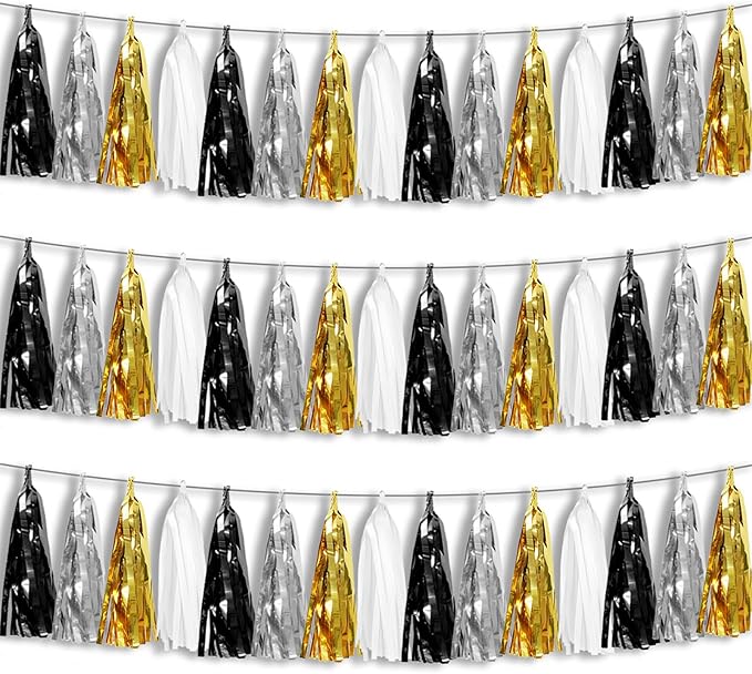 3P Black Gold Silver Foil Fringe Metallic Tassel Garland, Tassels Banner Streamers for Parade Floats, Bachelorette, Wedding, Birthday, Halloween, Christmas, Bridal/Baby Shower Party Decorations