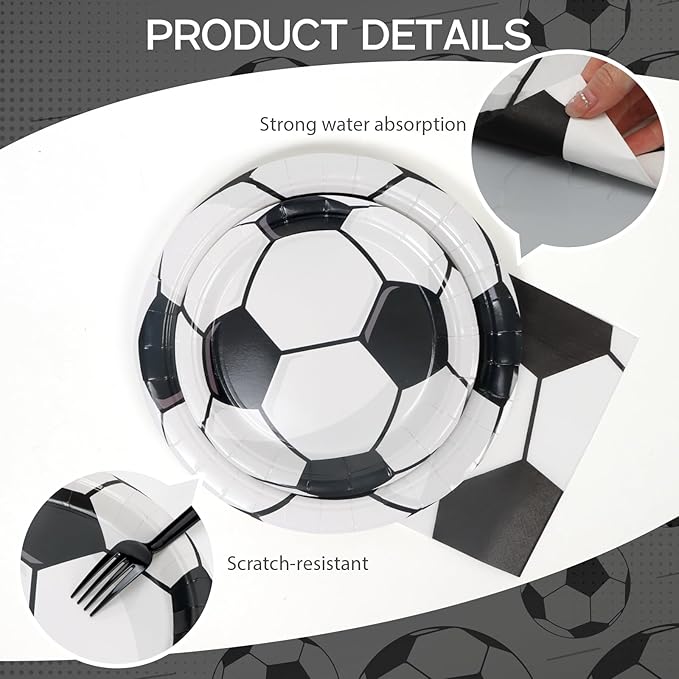 96pcs Party Plates Soccer Tableware Set Black and White Kid's Birthday Party Paper Plates Round for 24 Guests Disposable Table Supplies Picnic Soccer Party (Include Plates, Cups and Napkins)