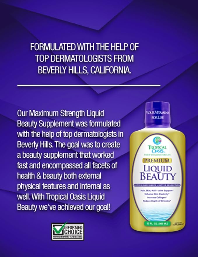 Tropical Oasis - Liquid Beauty | Supplement for Hair, Skin, & Nail Growth - Biotin + Hydrolyzed Collagen (32 Servings)