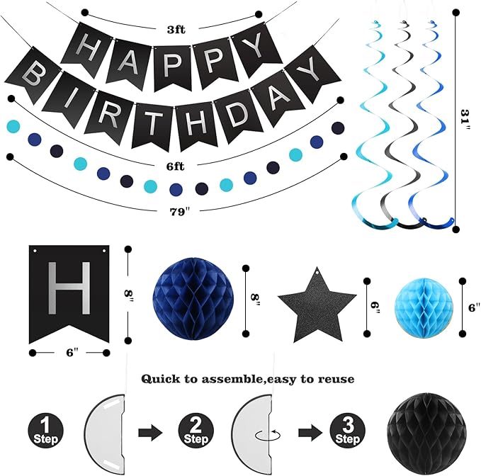 meowtastic Birthday Decorations, Happy Birthday Banner with Honeycomb Ball, Stars Hanging Swirl Streamer, Circle Dots Garland, Happy Birthday Party Decorations for Women Men Boys Girls (Black & Blue)