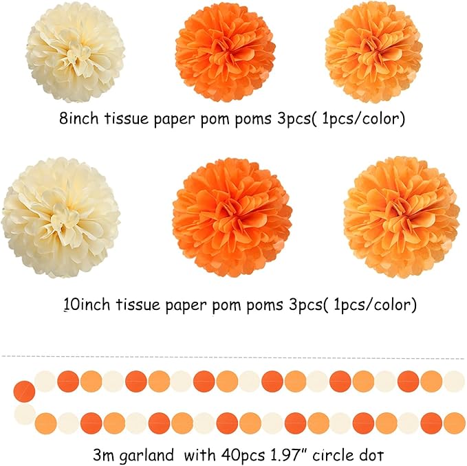 Orange Beige Fall Baby-Shower Party-Decorations - 23pcs Autumn Harvest Thanksgiving Tissue Pom Poms Streamers, Boho Birthday Bridal Wedding Engagement Bachelorette Tassel Garland Banner Decor Ouruola