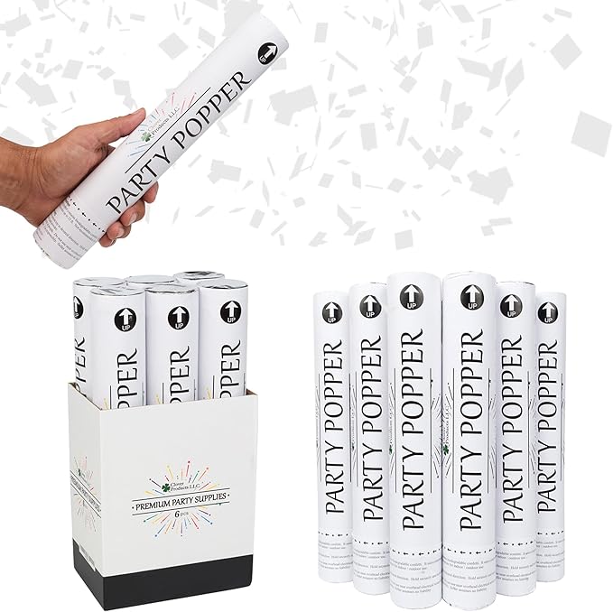 Clover Products 12" Biodegradable Confetti Cannons | 6 Pack | White Poppers for Weddings, Birthdays & Events | Air-Powered, Safe & Easy to Use | Shoots 25 Feet for Indoor & Outdoor Celebrations