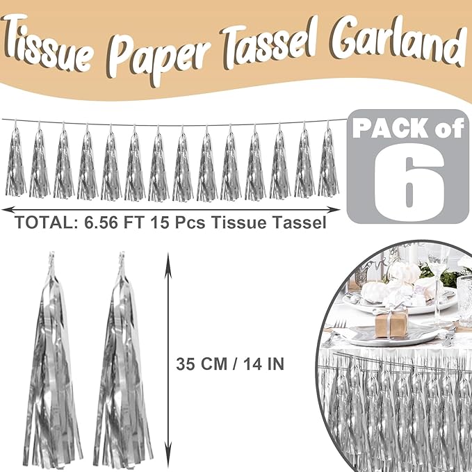 6P Silver Foil Fringe Metallic Tassel Streamers Banner Tassel Garland for Parade Floats, Bachelorette, Wedding, Birthday, Graduation, Christmas, Bridal/Baby Shower Party Decorations