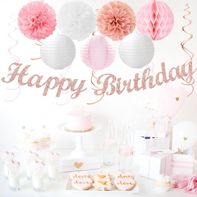 Pink White Rose-Gold Birthday Party-Decorations - 21pcs Happy Banner, Paper Lanterns,Tissue Pom Poms Flower Fan,Honeycomb Ball,Swirl Streamers Garland Supplies Decor Girls Women Huglony