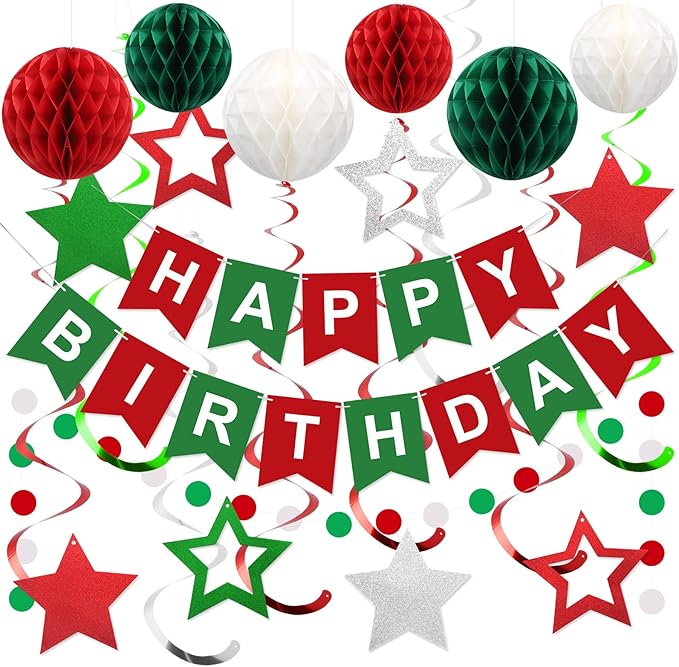 meowtastic Birthday Decorations, Happy Birthday Banner with Honeycomb Balls, Stars Hanging Swirl Streamers, Circle Dots Garland, Happy Birthday Party Decorations for Women Men Boys Girls (Red & Green)