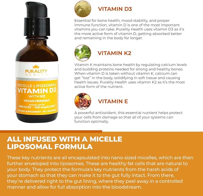 Vitamin D3 with K2 Liquid Supplement, Vegan, Micelle Liposomal Enhanced Absorption, Non-GMO, 30 Day Supply
