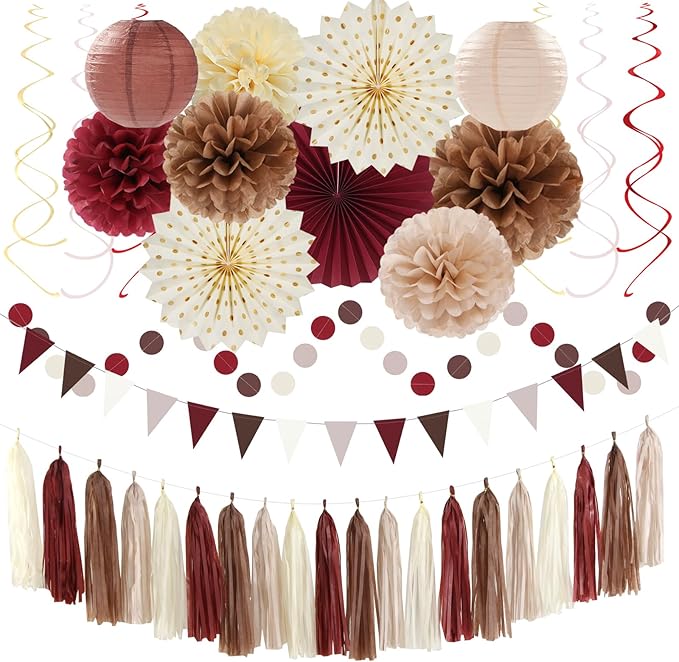 Brown Burgundy Champagne Dusty-Pink Party-Decorations - 33pcs Banner,Streamers Tassel Garland,Fall Boho Baby Shower,Wedding Tissue Pom Poms Honeycomb,Paper Lantern Fan,Birthday,Engagement Hugtmr