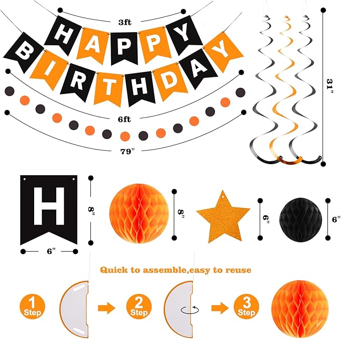 meowtastic Birthday Decorations, Happy Birthday Banner with Honeycomb Balls, Star Hanging Swirl Streamers, Circle Dots Garland, Happy Birthday Party Decorations for Women Girls (Black & Orange)