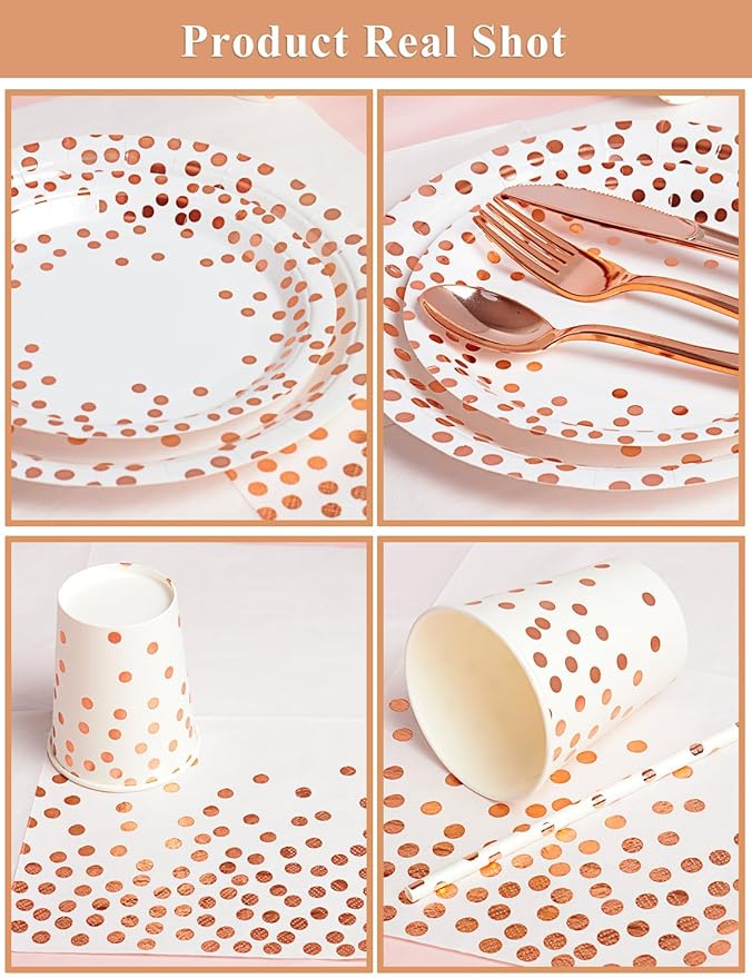 141 Pieces Rose Gold Party Supplies, Disposable Party Decorations Sets Include Paper Plates Napkins Cups, Plastic Forks Knives Spoons, for Baby Shower Birthday Wedding -20 Guests