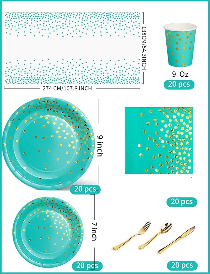 141 Pieces Blue Green and gold Party Supplies, Disposable Party Decorations Sets Include Paper Plates Napkins Cups, Plastic Forks Knives Spoons, for Baby Shower Birthday Wedding -20 Guests