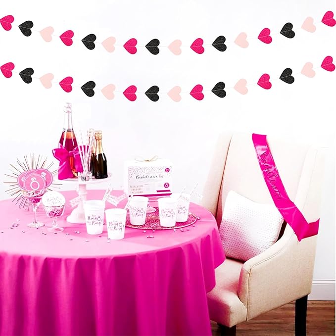 Hot-Pink Black Birthday Party-Decorations Streamers - 62FT Baby Girls Hanging Heart Garland Banner,Wedding Baby Bridal Shower Bachelorette Graduation Backdrop Decor Hugtmr