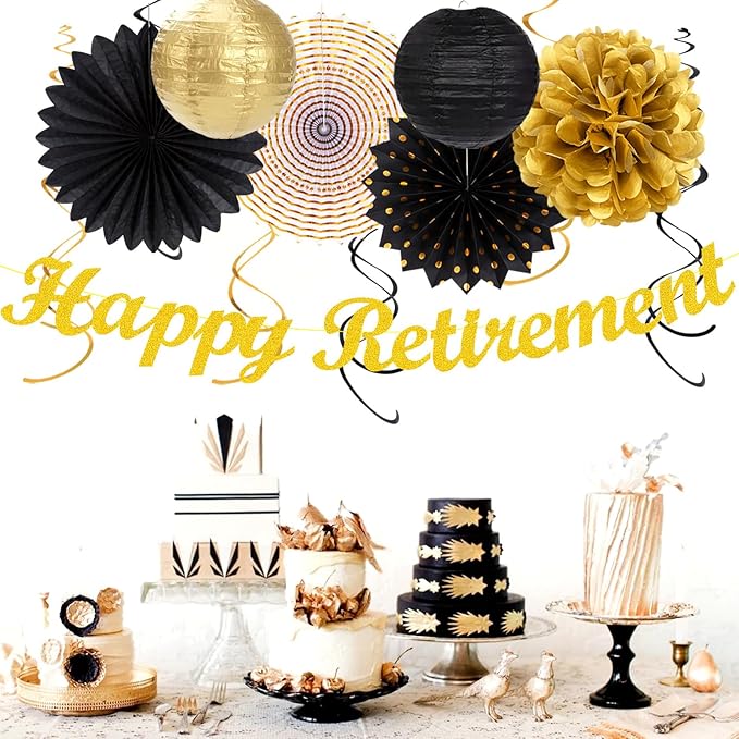 Black Gold Women-Men Happy-Retirement Party-Decorations - 21pcs Celebration Banner,Paper Streamers Lanterns Honeycomb,Tissue Flowers Pom Poms Fan, Classroom Backdrop Supplies Garland Decor Huglony