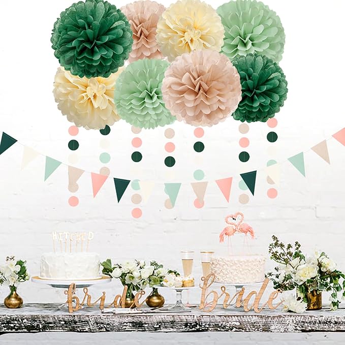 Olive-Sage Green Champagne-Gold Party Decorations - 23pcs Rustic Wedding Tissue Pom Poms Streamers, Boho Bachelorette Neutral Baby Shower Birthday Bridal Decor Ouruola