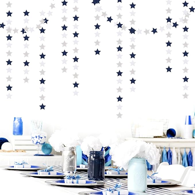 Navy-Blue White-Silver Party-Decorations Birthday Garland - 62ft Twinkle Little Star Hanging Streamers Banner,Wedding Bachelorette Bridal Baby Shower Graduation Decor Hugtmr