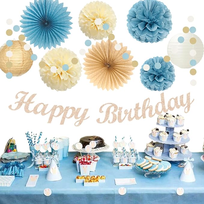 Light-Dusty Blue 18th Happy-Birthday Party-Decorations - 31pcs Women Girls Paper Lanterns Streamers Banner,Tissue Pom Poms Fans Tassels Graland Decor,Beige Champagne Wall Backdrop Supplies Hugmoon
