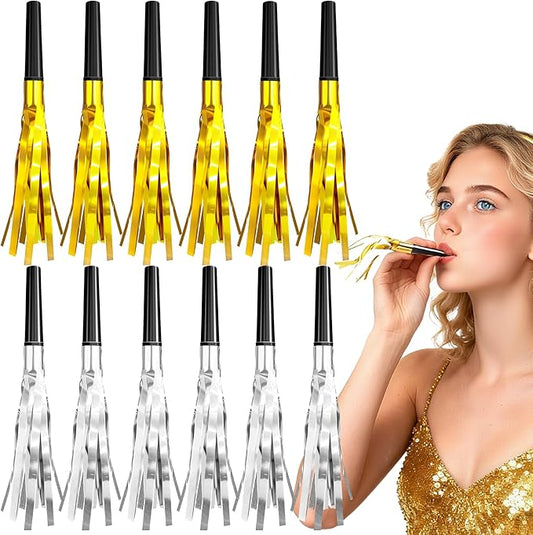 12 Pieces Gold Silver Noise Makers Glitter Noise Makers Metallic Fringed Party Blowers for Adults Birthday Graduation Sporting Events New Years Eve Party Supplies 2026