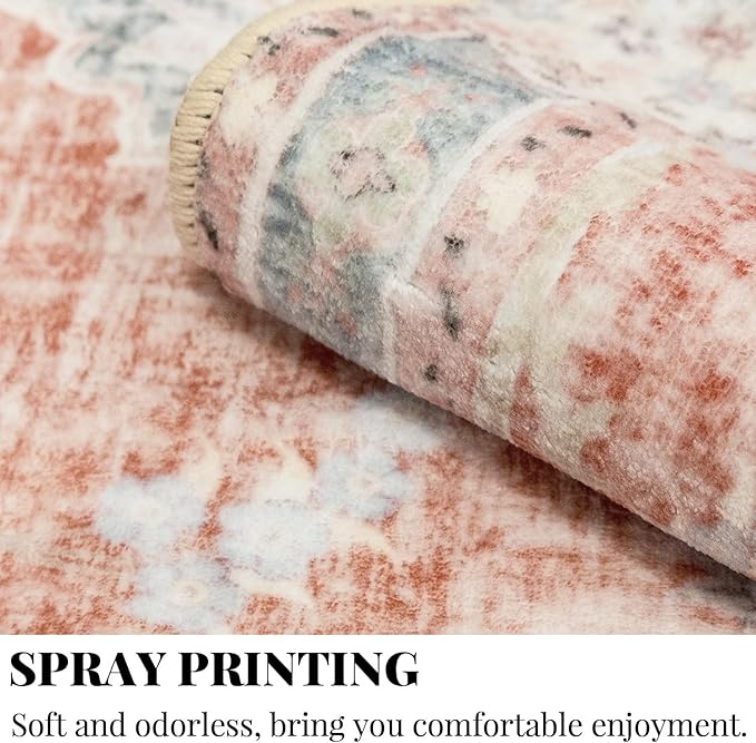 MUJOO Boho Round Rug 6ft,Circle Washable Area Rugs for Bedroom Living Room Bathroom, Large Vintage Distressed Non Slip Circular Carpet,Orange Navy Blue Floral