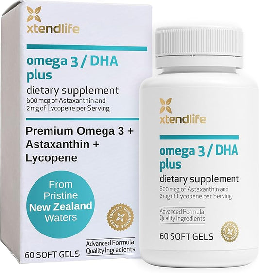 Xtendlife Omega 3 DHA Plus Fish Oil Supplement - 1100mg Omega-3 with DHA and EPA - Includes Lycopene and Astaxanthin to Support Heart, Brain, Eye, and Skin - 1 Month Supply (60 Count)
