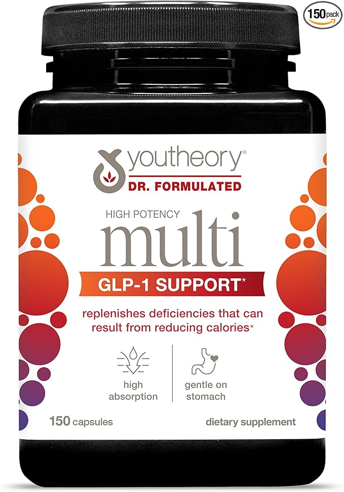 Youtheory High Potency Multi GLP-1 Support - High Absorption Multivitamins - for Immune Support & Bone Health - Gentle on Stomach - Vitamin D, C, Iron & More - 150 Vegetarian Capsules