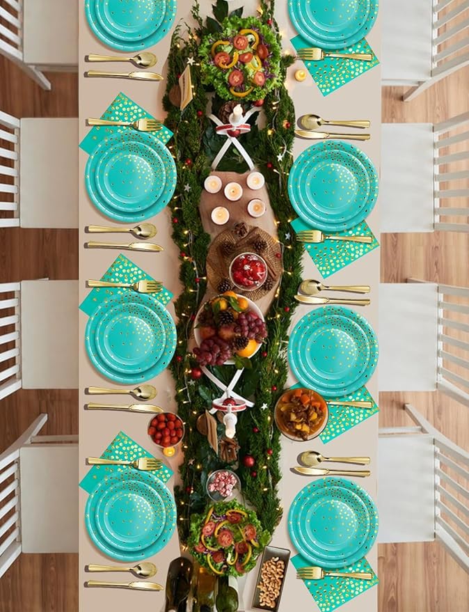 141 Pieces Blue Green and gold Party Supplies, Disposable Party Decorations Sets Include Paper Plates Napkins Cups, Plastic Forks Knives Spoons, for Baby Shower Birthday Wedding -20 Guests