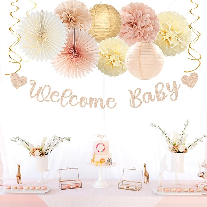 Champagne-Gold Beige Fall Baby-Shower Party-Decorations - 36pcs Welcome Home Banner Sign,Neutral Paper Lanterns,Girl Streamers Garland,Boho Hanging Tissue Pom Poms Flowers Fans Backdrop Decor Burgleda