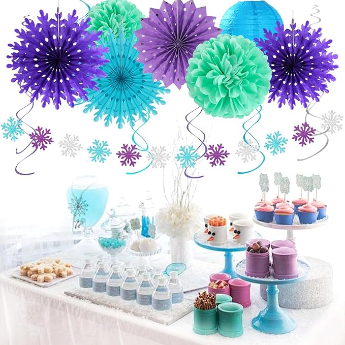 Winter-Wonderland Christmas-Snowflake Frozen Birthday Party-Decorations - 21pcs Happy Banner,Blue Purple Teal Paper Lanterns Honeycomb Streamers,Tissue Pom Poms Flower Fan,Hanging Decor Huglony