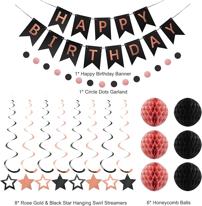 meowtastic Birthday Decorations, Happy Birthday Banner with Honeycomb Ball, Star Hanging Swirl Streamer, Circle Dot Garland, Happy Birthday Party Decoration for Women Men Boy Girl (Rose Gold & Black)