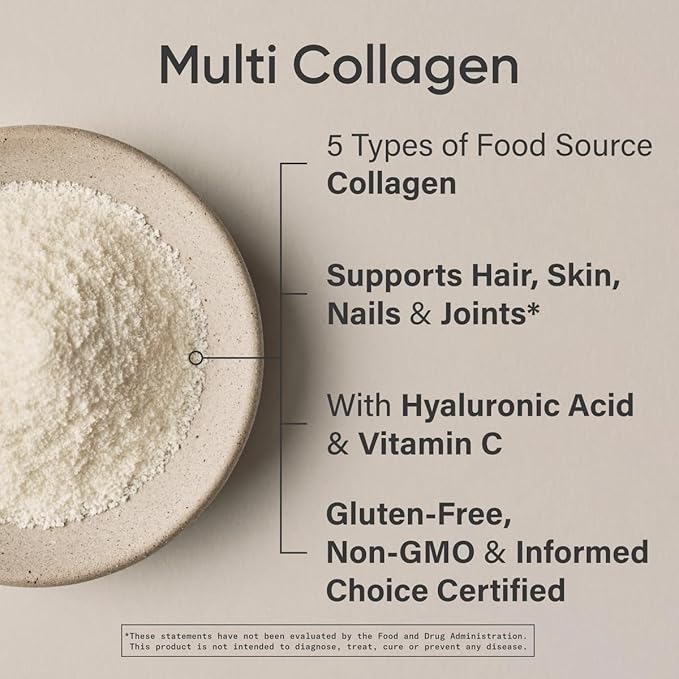 Sports Research Multi Collagen Protein Powder (Type I, II, III, V, X) with Hyaluronic Acid + Vitamin C | 5 Types of Food Based Collagen, 30 Servings (Unflavored)