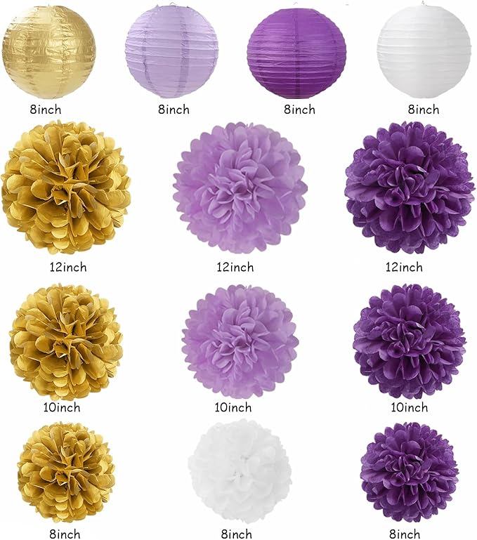 Purple-Lavender White Gold Party Decorations - 20pcs Graduation Birthday Paper Lanterns Fans,Tissue Pom Poms,Honeycomb Balls,Baby Shower Bridal Wedding Bachelorette Valentines Day Decor Burgleda
