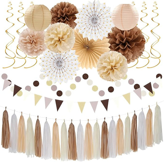 Boho Baby-Shower White-Brown Champagne Fall Party-Decorations - 33pcs Banner,Streamers Tassel Garland,Tissue Pom Poms Honeycomb,Paper Lantern Fan,Autumn,Bridal,Christmas,Birthday,Wedding Decor Hugtmr