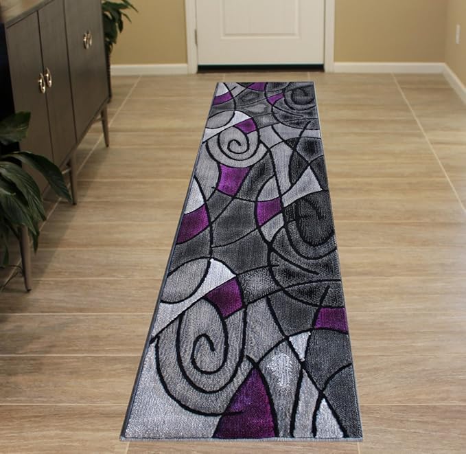 Masada Rugs, Modern Contemporary Abstract Runner Area Rug, (2 Feet X 7 Feet) Kitchen Mat, Hallway Rug, Purple Grey Black