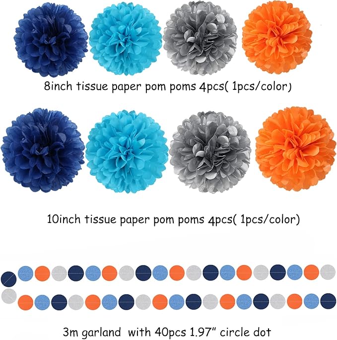 Blue-Silver Orange Space Party-Decorations Streamers-Garland - 30pcs Graduation 2025 Tissue Pom Poms,Tassel Banner Backdrop Birthday Boy Baby Shower Decor Bunting Lasting Surprise