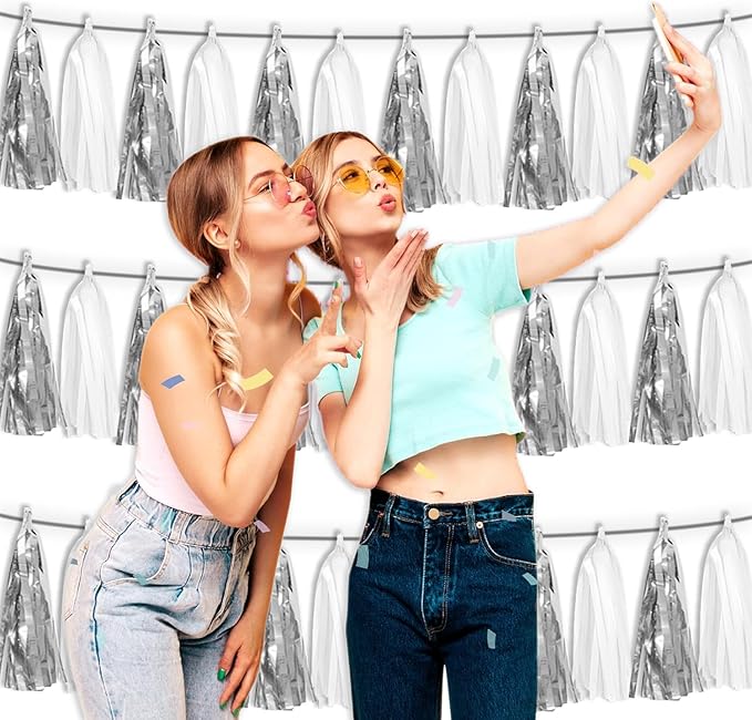 3P White Silver Metallic Fringe Tassel Banner Garland Foil Tinsel Streamer Wall Hanging Curtain Backdrop Banner for Parade Floats, Graduation Bridal/Baby Shower Retirement Party Decorations