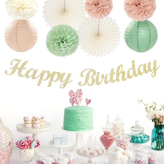 Sage-Green Pink First Happy Birthday Party-Decorations - 22pcs 18th Women Girls Paper Lanterns Streamers Banner Pom Poms,Spring Boho Aesthetic Bohemian Pastel Neutral Decor Backdrop Supplies Hugmoon