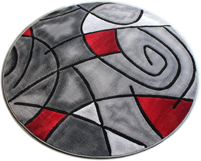 Masada Rugs, Modern Contemporary Round Area Rug, Red Grey Black. (5 Feet X 5 Feet) Round