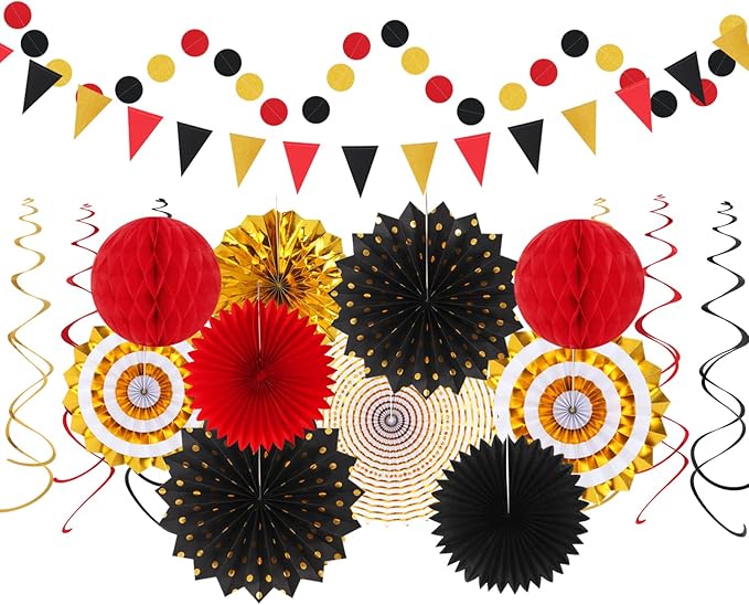 Red Black-Gold Casino Theme Party-Decorations - 33pcs Kits Game Night Graduation Banner, StreamersTassel Garland,Tissue Pom Poms Honeycomb, Paper Lantern Fans,Wedding Birthday Baby Shower Decor Hugtmr