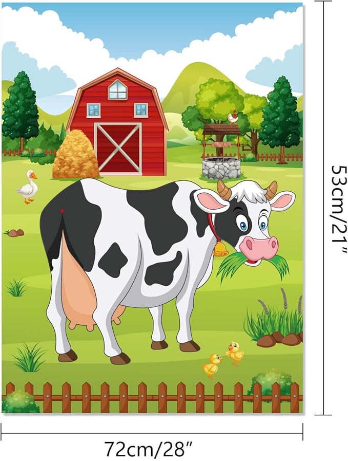 FEPITO Pin The Tail on The Cow Birthday Party Game with 24 Pcs Tails for Decorations, Kids Birthday Party Decorations