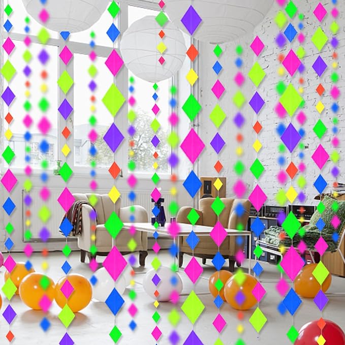 123feet UV Paper Neon Streamers & Garlands - Diamond Shape Black Light Decorations, Glow Party Favors & Supplies for Wedding & Birthday Celebrations