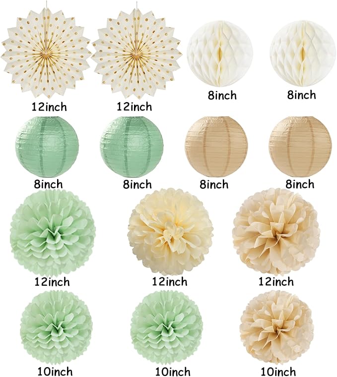 Sage-Green Beige-Champagne Party-Decorations Streamers Lanterns - 14pcs Neutral Baby Shower Paper Fan,Tissue Pom Poms,Honeycomb Balls,Boho Birthday Wedding Bachelorette Engagement Bridal Decor Ouruola
