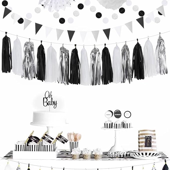 Black White-Silver Party-Decorations - 33pcs Kits Banner,Graduation Streamer Tassel Garland,Tissue Pom Poms Honeycomb,Paper Lantern Fans,Birthday Wedding Baby Bridal Shower New Years Decor Hugtmr
