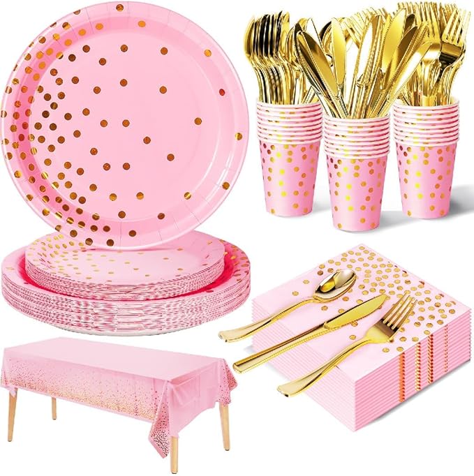 141 Pieces Pink and Gold Party Supplies, Disposable Party Decorations Sets Include Paper Plates Napkins Cups, Plastic Forks Knives Spoons, for Baby Shower Birthday Wedding -20 Guests