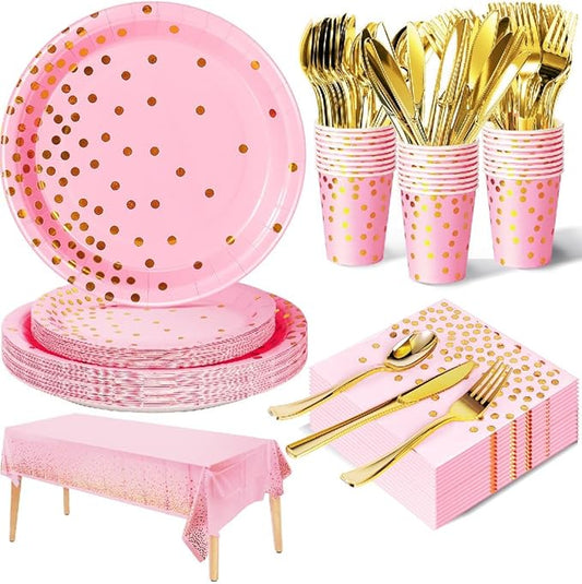 141 Pieces Pink and Gold Party Supplies, Disposable Party Decorations Sets Include Paper Plates Napkins Cups, Plastic Forks Knives Spoons, for Baby Shower Birthday Wedding -20 Guests