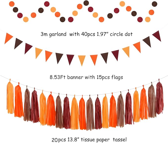Boho Baby-Shower Burgundy Brown-Orange Party-Decorations - 33pcs Banner,Fall Autumn Streamers Tassel Garland,Tissue Pom Poms Honeycomb,Paper Lantern Fan, Wedding Harvest Rustic Birthday Decor Hugtmr