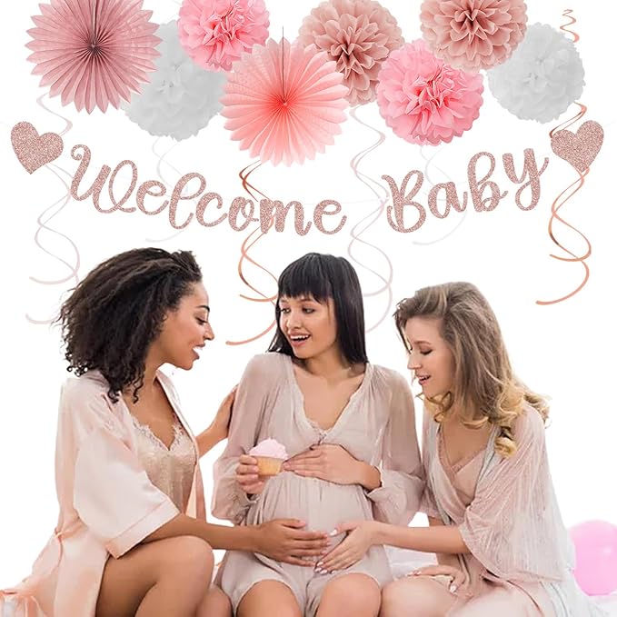 Rose-Gold Pink-White Baby Shower Party-Decorations - 22pcs Girls Welcome Baby Banner, Paper Lanterns Streamers, Tissue Pom Poms Flowers Fans Decor Supplies Hugmoon