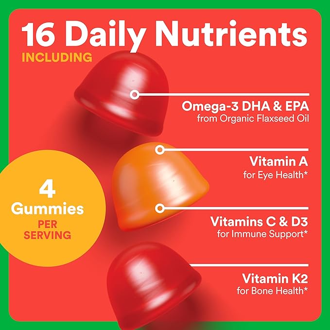 SmartyPants Organic Kids Multivitamin Gummies: Omega 3 (ALA), Vitamin D3, C, Vitamin B12, B6, A, K & Zinc for Immune Support, Biotin, Vegetarian, Three Fruit Flavors, 120 Count (30 Day Supply)