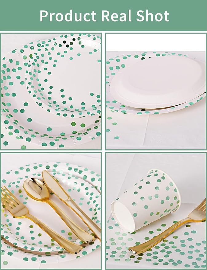 141 Pieces Green Dots Party Supplies, Disposable Party Decorations Sets Include Paper Plates Napkins Cups, Plastic Forks Knives Spoons, for Baby Shower Birthday Wedding -20 Guests